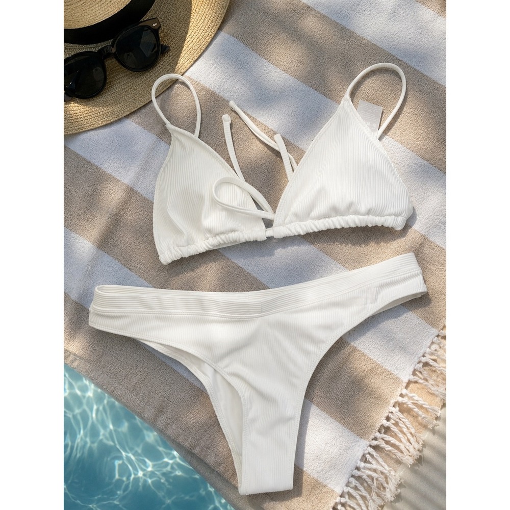 Double Zero White Ribbed Triangle Bikini Set High Cut Two Piece Swimsuit L